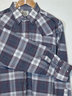 Ely Cattleman Men’s Plaid Button-Down Shirt with White and Red Accents Size XL